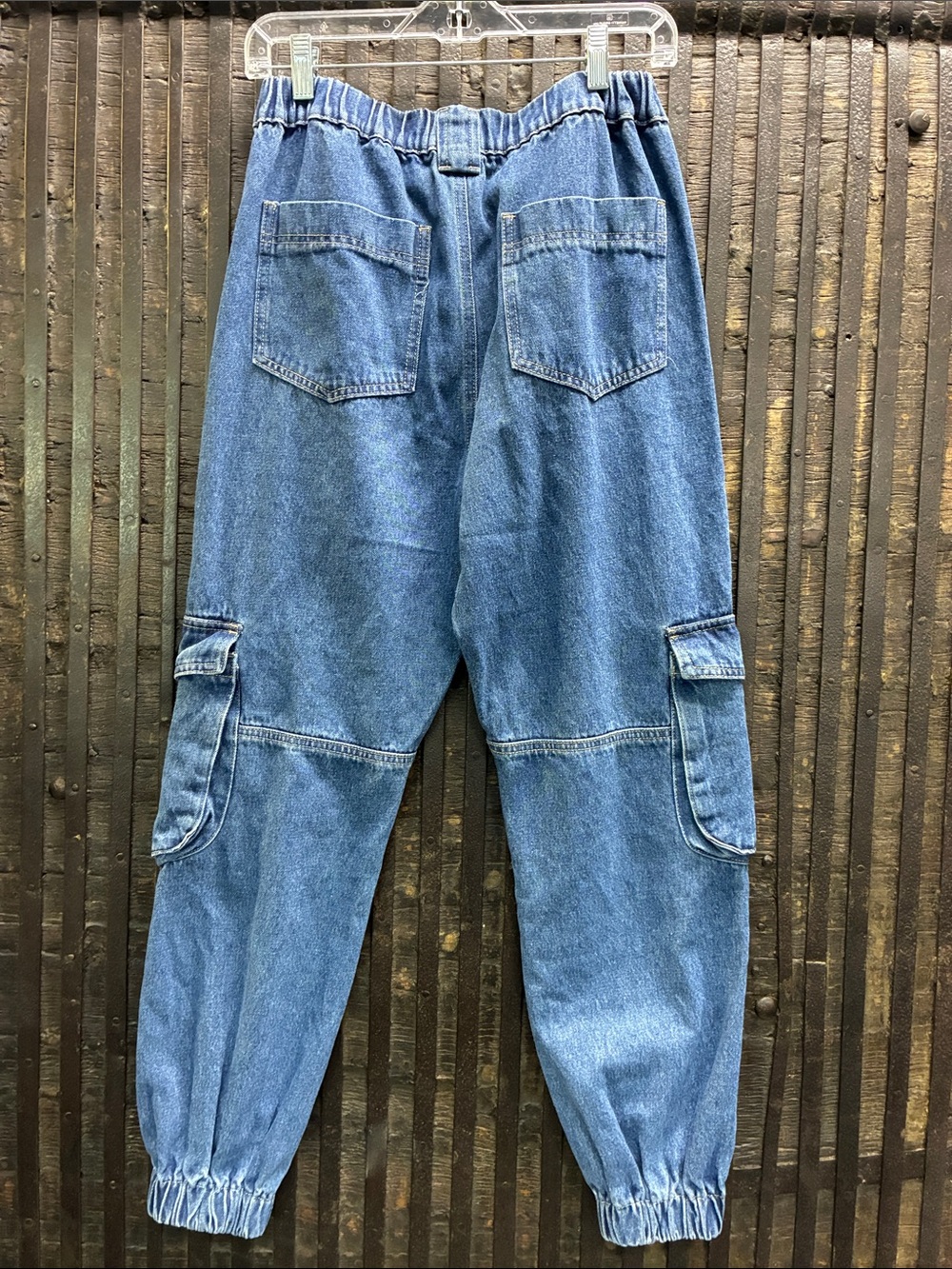 Fashion Nova Blue Relaxed Cargo Denim Jeans with Elastic Cuffs - Picture 5 of 9